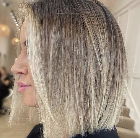 Teasy Lights Blonde With Money Piece, Blended Roots, Root Melt Blonde Short, Short Lived In Blonde Hair, Balayage Hair Straight, Blonde Hair With Grey Highlights, One Length Hair, Medium Length Blonde Hair, Brunette Hair With Highlights