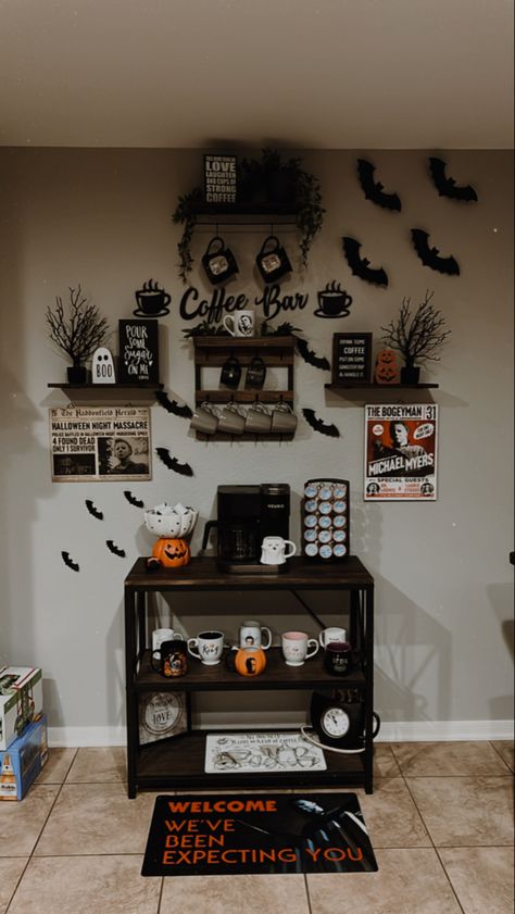 Goth Coffee Bar Ideas, Halloween Coffee Shop Decor, Coffee Bar Halloween Decor, Horror Themed Coffee Shop, Halloween Coffee Bar, Haunted Coffee Bar, Holiday Coffee Bar, Gothic Style Home, Halloween Kitchen Decor