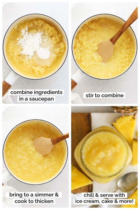 Let's make homemade pineapple topping! Made from just 4 ingredients, this easy pineapple sauce is delicious on ice cream sundaes! We love that you can make this pineapple topping with fresh pineapple or canned crushed pineapple, so it's easy to mix some up anytime. Whether you use it to make a tropical pineapple ice cream sundae or use it as a banana split topping, this easy ice cream topping recipe is sure to please! (Gluten-free, vegan & delicious!) Pineapple Topping For Ice Cream, Pineapple Puree Recipes, Homemade Pineapple Ice Cream, Pineapple Topping, Fruity Ice Cream, Pineapple Ice Cream, Homemade Hot Fudge, Pineapple Syrup, Pineapple Sauce