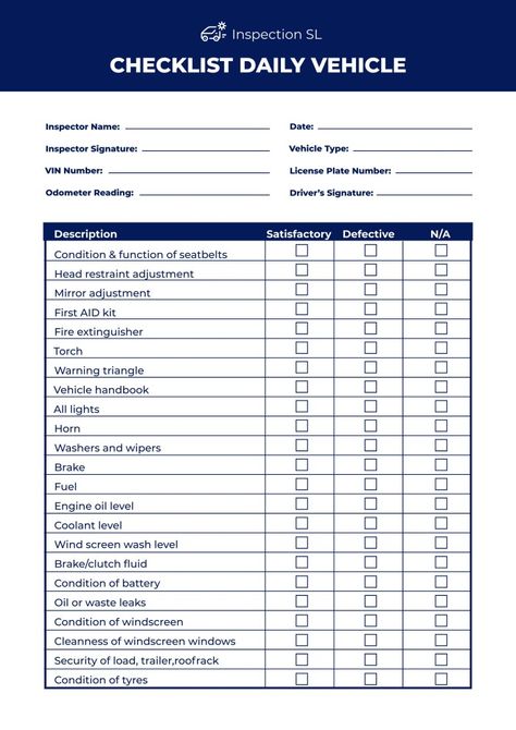 Simple Daily Vehicle Inspection Checklist Daily Vehicle Inspection Checklist, Car Inspection Checklist, Vehicle Inspection Checklist, Vehicle Checklist, Housekeeper Checklist, Safety Checklist, Inspection Checklist, Maintenance Checklist, Vehicle Maintenance