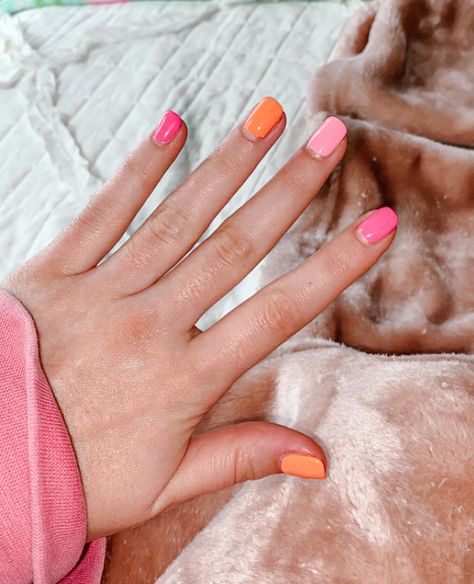 Orange And Pink Spring Nails, Light Pink Orange Nails, Orange Pink Nails Short, Simple Pink And Orange Nails, Simple Nails Pink And Orange, Pink To Orange Nails, Pink And Orange Manicure, Pink Yellow And Orange Nails, Pink Orange And White Nails