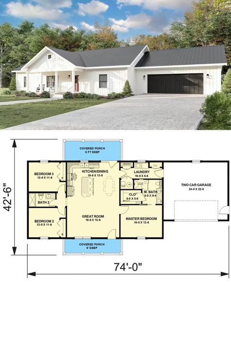 This 3-bedroom Southern ranch showcases a fresh and inviting facade with board and batten siding, black-framed windows, and a covered front porch lined by stately columns. It includes a double front-facing garage that connects to the home through the laundry room. Framed Windows, Home Office Closet, Floor Plan Creator, Open Living Space, Porch House Plans, Garage Floor Plans, 6 Bedroom House, Home Design Software, Board And Batten Siding