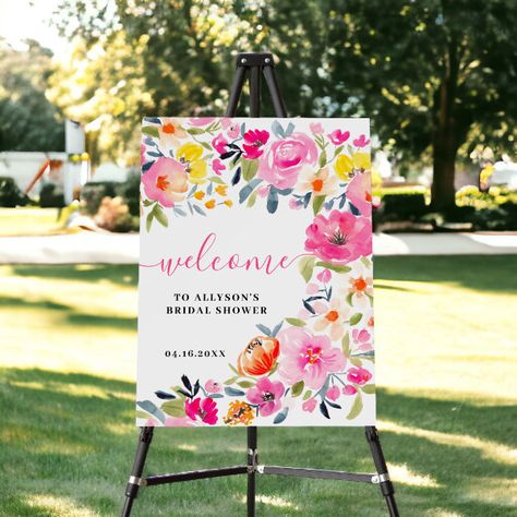 Bohemian bold floral watercolor bridal welcome foam board Bridal Shower Painting Ideas, Floral Party Theme, Floral Party Decorations, Garden Party Theme, Bright Florals, Floral Party, Brush Font, Floral Bridal Shower, Wedding Welcome Signs