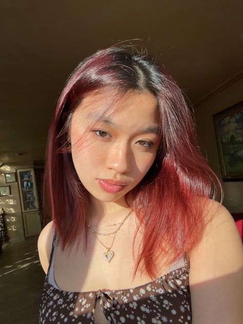 Short Hair Color Ideas For Asian Skin, Asian Red Hair Short, Dark Red Hair Short Bob, Dyed Asian Hair Colour, Red Hair Dye Ideas For Short Hair, Cherry Coke Hair Color Short Hair, Short Cherry Coke Hair, Cherry Coke Short Hair, Red Hair On Asian