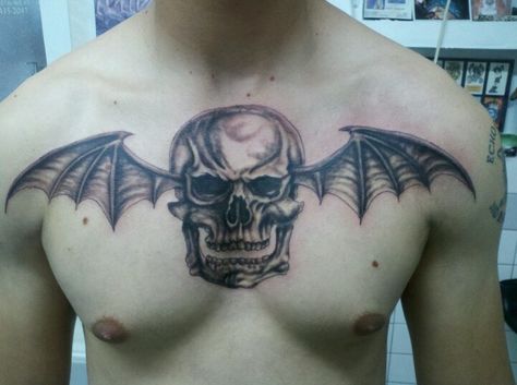 Avenged Sevenfold deathbat logo tattoo I did tonight. Always love tattooing skulls \m/ Avenged Sevenfold Tattoo Ideas, Deathbat Tattoo Avenged Sevenfold, A7x Tattoo, Avenged Sevenfold Logo, Avenged Sevenfold Tattoo, Avenged Sevenfold Desktop Wallpaper, M Shadows Avenged Sevenfold, Avenged Sevenfold The Rev, Winged Skull