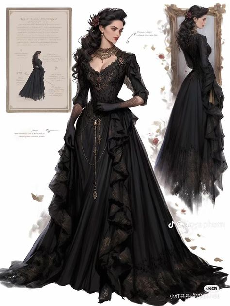 Gothic Dress Drawing, Robes Drawing, Black Fantasy Gown, Vampire Queen Dress, Fantasy Dress Art, Cassiopeia Black, Black Fantasy Dress, Wedding Dress Art, Westeros Fashion