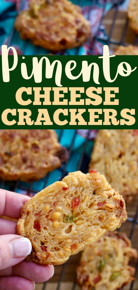 Pimento Cheese Crackers Recipe, Pimento Cheese Crisps, Pimento Cheese Bread, Pimento Cheese Crackers, Snack Crackers Recipes Simple, Recipes With Pimento Cheese, Cheese Crackers Homemade, Baked Cheese Crisps, Savory Cookies