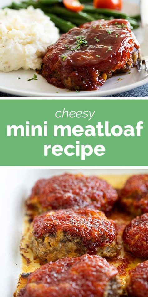 Filled with cheese and topped with a classic glaze, this Cheesy Mini Meatloaf Recipe is a hit with both kids and adults. The mini size is perfect for portioning and makes great leftovers! #meatloaf #groundbeef #dinner #recipe Mini Cheesy Meatloaf Recipes, Meatloaf Recipes With Cheese In It, Cheesy Meatloaf Recipes, Meatloaf Recipes Mini, Mini Meatloaf Recipe, Recipe Meatloaf, Mini Meatloaf Recipes, Cheesy Meatloaf, Mini Meatloaf