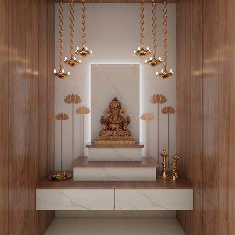 Wall Mounted Mandir Design Puja Room, Glass Puja Room, Prayer Room Ideas Hindu, Diy Temple For Home, Temple Design For Home Hindu, Pooja Room Design Small Spaces, Modern Temple Design, Luxury Mandir Design, Mandir Back Wall Design