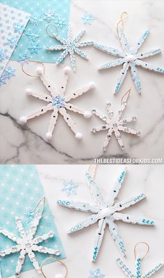 Clothespin Snowflake, Diy Christmas Snowflakes, Clothespin Diy Crafts, Snowflake Craft, Easy Christmas Ornaments, Ornament Craft, Christmas Tree Decorations Diy, Clothes Pin Crafts, Easy Christmas Crafts