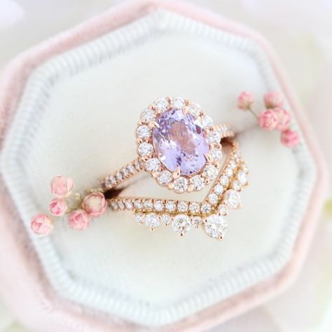 Rose Gold Halo Diamond Ring, Halo Diamond Ring Set, Tiara Diamond, Vintage Wedding Rings, Purple Sapphire Ring, Rose Gold Halo Engagement Ring, Diamond Alternative Engagement Ring, Icy Girl, Stacked Wedding Rings