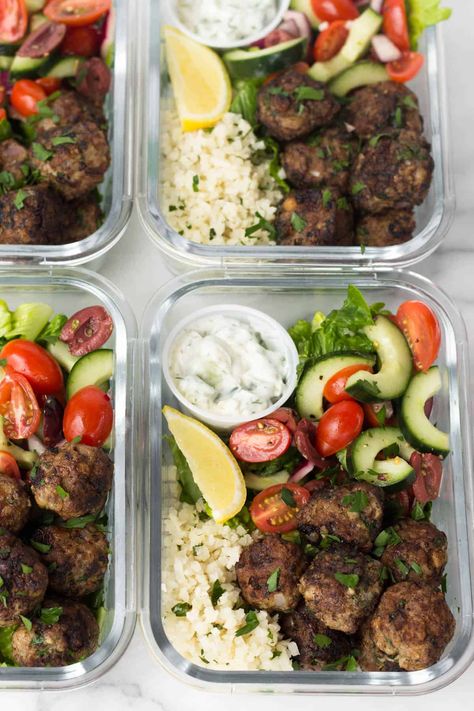 Meatball Bowls, Lamb Meatballs Greek, Protein Veggies, Greek Lamb, Whole30 Meal Prep, Homemade Tzatziki Sauce, Meal Prep For Beginners, Homemade Tzatziki, Lamb Meatballs