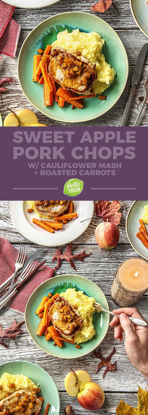 Cranberry Apple Pork Chops Hello Fresh, Hello Fresh Mashed Potatoes, Pork Chops With Sweet Potatoes And Apple, Pork Chop Apple Sweet Potato Recipes, Apple Pork Chop Recipes, Hellofresh Meals, Apples Recipes, Sweet Potato Apple Hash, Keto Bbq