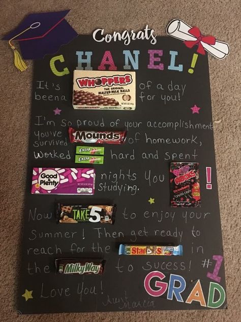 Grad Poster Ideas, Grad Poster Board Ideas, 8th Grade Graduation Gift Ideas, Elementary Graduation Gifts, Senior Poster Board Ideas, Grade School Graduation, Candy Birthday Cards, Candy Posters, Poster Board Ideas