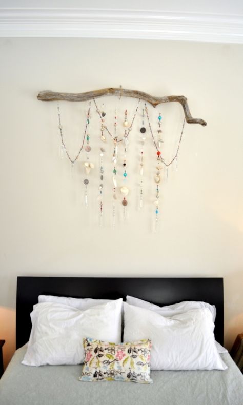 strands of beads, seashells, and chandelier prisms hanging from a driftwood branch Driftwood Branch, Prisms, The Wall, Wall Hanging, Beads, Bed, Wood, Wall, White