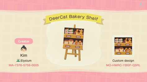 Kim on Twitter: "I saw someone's rendition of bakery shelves and couldn't resist recreating @Amber_Aki_Huang's DeerCat bakery shelf design!💕 #animalcrossing #acnh #acnhdesigns  #acnhpatterns #acnhcodes #acnhinspo… https://t.co/MYJgf1KRfn" Acnh Bakery, Bakery Shelves, Cat Bakery, Animal Crossing Cafe, Acnh Custom Designs, Acnh Patterns, Motif Acnl, Acnh Codes, Animal Crossing Qr Codes Clothes