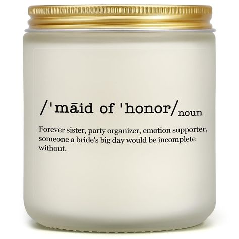 PRICES MAY VARY. Maid of Honor Gifts: When your maid of honor says "YES" to you, it means she's willing to take on the tough task of bachelorette party, bridal shower, and wedding planning. Thoughtful and meaningful maid of honor candles are a sign of true friendship and trust, not only as a unique keepsake to store precious memories, but also showing appreciation for your maid of honor's being there throughout the entire process! Bridesmaid Proposal Gifts: With a sweet label, "Maid of Honor" de Maid Of Honor Proposal Ideas Unique, Maid Of Honor Gifts, Bridal Party Bachelorette, Unique Proposals, Party Organisers, Gift For Bestie, Lavender Scented Candle, Gifts Bridesmaid, Party Bachelorette