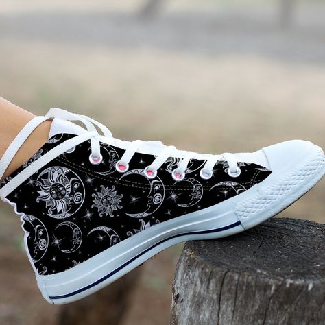 Super cute sun and moon shoes with a unique design! Our custom made shoes are sure to attrack some attention and perfect gift idea for yourself and for your friends for any occasion, Christmas or birthdays ! Check out more of our footwear here: https://www.etsy.com/shop/unicornshoesshop/ Product Name: Sun and Moon Shoes | Moon Sneakers | Moon Pattern Shoes moon Gifts Cute Clothing Custom High Top Sneakers For Adults Women & Men Product Features; ▶ Full canvas double sided print with rounded Cute Sun And Moon, Converse Design, Moon Shoes, High Tops Sneakers, Cute Clothing, Cute Sun, Custom Made Shoes, Rose Shoes, Pattern Shoes