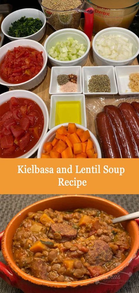 Kielbasa Lentil Soup, Lentils And Kielbasa, Lentil Kielbasa Soup, Lentils Instant Pot, Kielbasa Soup, Spinach Soup Recipe, Slow Cooker Potato Soup, Turkey Soup Recipe, Soup Ideas