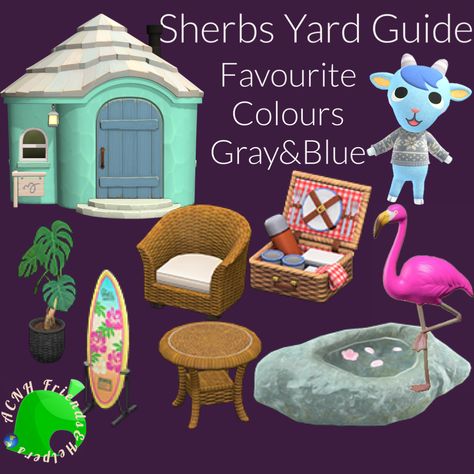 Acnh Sherb Yard Guide, Sasha Acnh Yard, Acnh Sherb Yard, Acnh Yard, Animal Crossing, Favorite Color, Blue Grey, Yard, Animals