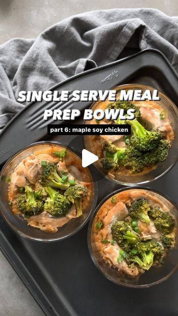 Devika Sharma | Dietitian on Instagram: "Save this for an easy meal prep dinner/lunch option 👩🏻‍🍳

Would you try this?

🍁Single serve meal prep bowls: maple soy chicken (part 6).

🙌🏼 The reason I love single serve bowls is that they’re so easy to make and macros can be adjusted to meet different needs.

🍁Maple-Soy Chicken (serves 3)
➕6 tbsp jasmine rice
➕255g chicken breast, cut up
➕1.25tsp garlic powder, salt to taste
➕3 tbsp maple syrup
➕3 tbsp low sodium soy sauce
➕1.5 tsp sriracha
➕0.75c chicken broth
➕2.25c broccoli florets
➕2 Green onions, chopped, separate white and green sections
➕Salt and pepper to taste
 
Bake 40-45mins or until cooked through. 

To each glass bowl: 1/8c jasmine rice, 85g chicken breast, 1/2tsp garlic powder, 1 tbsp maple syrup, 1 tbsp low sodium soy sauce Single Serve Glass Bowl Meal Prep, Single Serve Meals, Macro Meal Plan, Soy Chicken, Dinner Meal Prep, Meal Prep Bowls, Low Sodium Soy Sauce, Macro Meals, Broccoli Florets