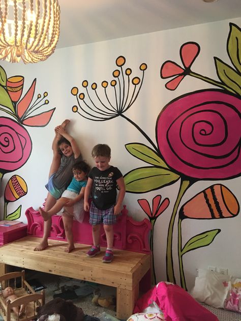 Bedroom Wall Mural Ideas Flower, Murals Around Windows, Kids Flower Mural, Flowers Murals Painted Walls, Flower Painting Mural, Playroom Mural Ideas Garden, Painted Flower Mural Wall, Handpainted Floral Wall Mural, Hand Painted Floral Mural