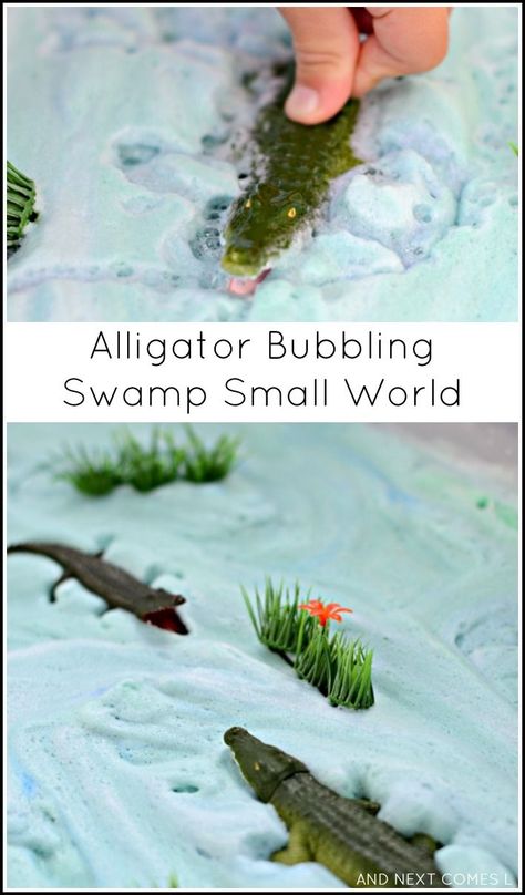 Alligator bubbling swamp small world sensory play for kids from And Next Comes L Alligator Activities, Reptiles Preschool, Reptiles Activities, Alligator Crafts, Wild Florida, Water Study, Preschool Jungle, Jungle Activities, Swamp Theme