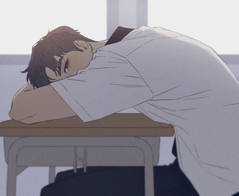 Manga Sitting Poses, In Bed Drawing, Laying Head On Desk Reference, Head Down On Desk, Sitting At Desk Reference Drawing, Person Sitting At Desk, Sleeping On Table, Sleeping On Desk, Smartphone Drawing