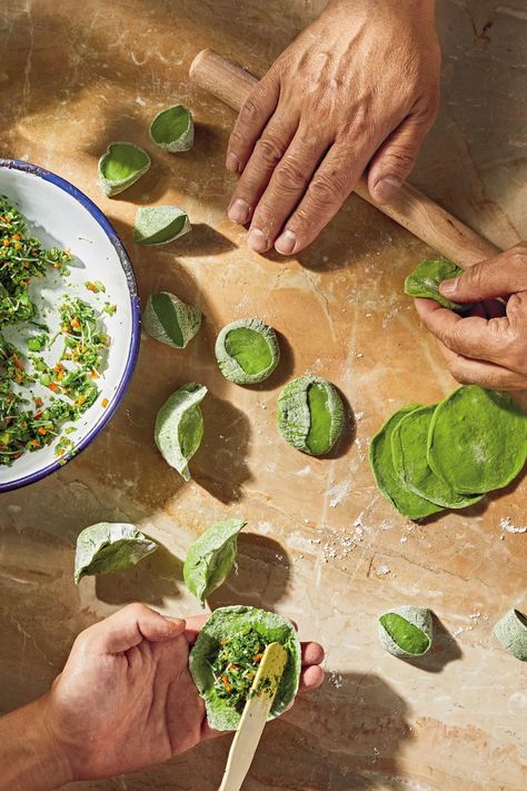 Jason Wang’s Lunar New Year Menu: Juicy Chicken, Bright Green Dumplings, and One Really Long Noodle | Epicurious Tofu And Rice, Spinach Dumplings, Vegetarian Chinese Recipes, Longevity Noodles, Epicurious Recipes, Dumpling Sauce, Cumin Lamb, New Year Menu, Dumpling Filling