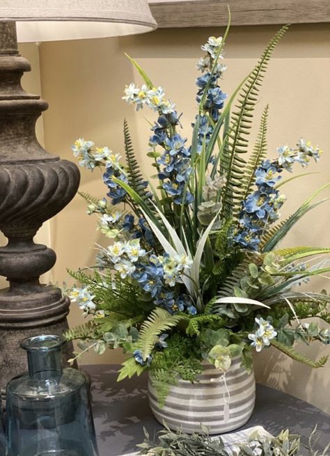 Silk Centerpieces Floral Arrangements, Fake Spring Flower Arrangements, Blue And Beige Flower Arrangement, Large Blue Floral Arrangements, Bird Floral Arrangements, Ocean Inspired Floral Arrangements, Fireplace Florals, Woodsy Floral Arrangements Rustic Centerpieces, Country Flower Arrangements