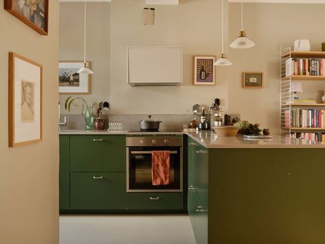 A Beautiful Calm and Natural Apartment with a Green Kitchen 8 Natural Apartment, Small Kitchen Apartment, Green Kitchen Cupboards, 1930s Apartment, Calm Kitchen, Kitchen 2025, Huge Balcony, Tiny Studio Apartments, Bungalow Kitchen