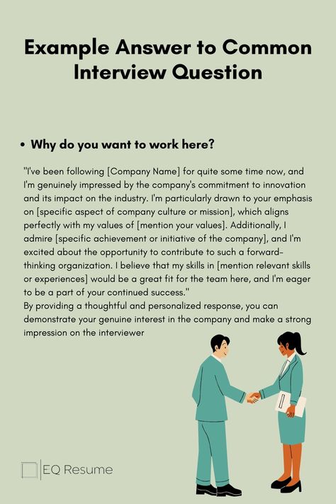 Boost your interview performance with EQ Resume! Explore an example answer to a common interview question and learn how to impress employers. #interviewtips #EQResume #careeradvice #jobsearch #interviewquestions #interviewprep #careerdevelopment #jobhunt #professionalgrowth #interviewsuccess Job Interview Answers Example, Questions To Ask Your Interviewer, How To Reply To A Job Interview Email, Common Interview Questions And Answers, You're Hired Aesthetic, How To Introduce Yourself In Interview, Interview Tips Questions And Answers, How To Answer Interview Questions, How To Prepare For An Interview