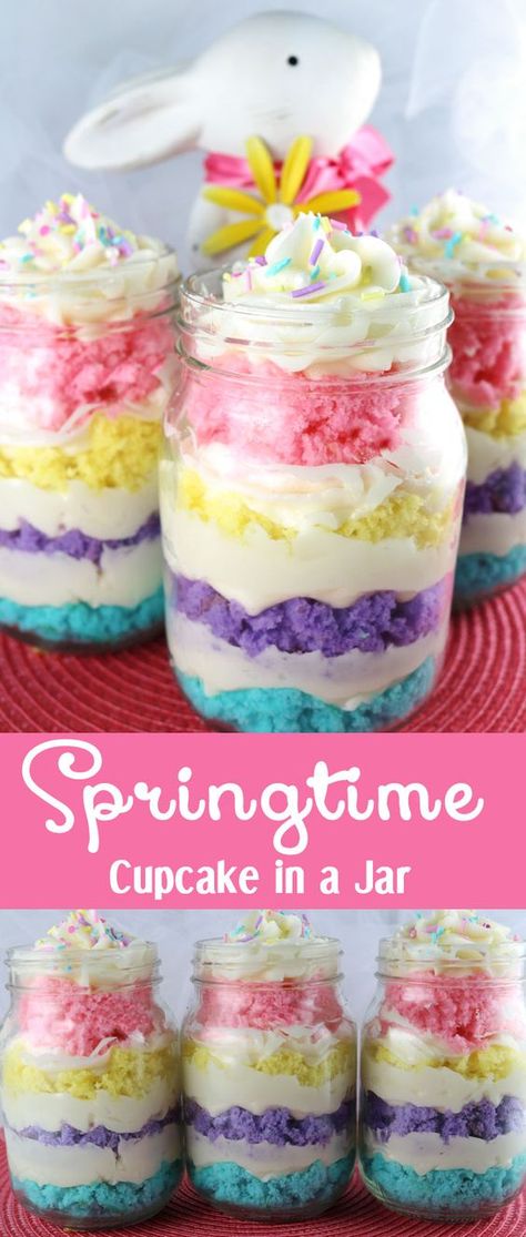 Spring Mason Jar Cupcakes... Over 20 of the BEST Cupcake Ideas for Parties & Bake Sales from KitchenFunWithMy3Sons.com Mason Jar Cupcakes, Spring Time Desserts, Cupcake In A Jar, Colorful Cake, Easter Desserts, Cake In A Jar, Easter Desserts Recipes, Dessert In A Jar, Torte Cupcake