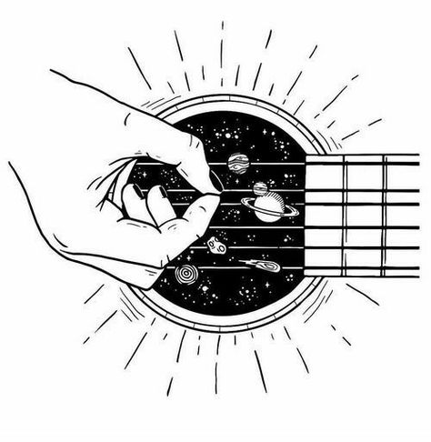 Planets, Guitar, Black And White, Stars, Music, White, Black