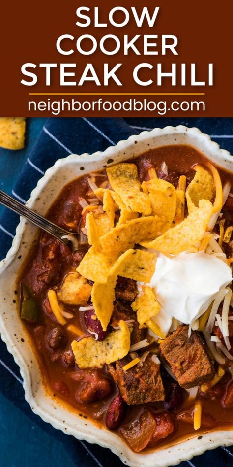 Best Steak Chili Recipe, Slow Cooker Steak Chili, Chili Recipe Slow Cooker, Steak Chili Recipe, Classic Chili Recipe, Steak Chili, Slow Cooker Steak, Recipe Slow Cooker, Slow Cooker Chili Recipe