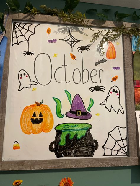 Halloween Whiteboard Art Classroom, Halloween Themed White Board, White Board Halloween Ideas, Dry Erase Halloween Art, College Chalkboard Ideas, October White Board Ideas Calendar, October Whiteboard Calendar, Halloween Dry Erase Board Ideas, October Calendar Ideas Whiteboard