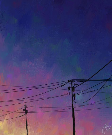 telephone wires, digital painting, minimalist, painting, contemporary art, sunset, colors, sunrise, impressionism, expressionism, illustration, digital Sunset Telephone Wires Painting, Telephone Wires Aesthetic, Neon Landscape Painting, Telephone Wire Painting, Powerline Painting, Sunrise Impressionism, Sunset Impressionism, Sunset Drawings, Paintings Sunset