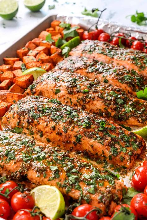 Cilantro Lime Salmon Recipes, Oven Roasted Salmon And Veggies, Cilantro Salmon, Salmon With Veggies In Oven, Lime Salmon Recipes, Cilantro Lime Marinade, Cilantro Lime Salmon, Roasted Veggies Recipe, Salmon Recipes Oven