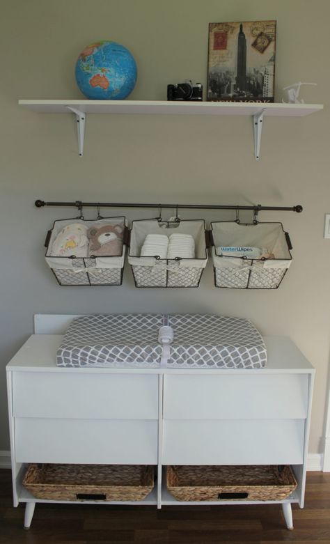 My partner is from England and I am from Canada and we met in Spain! It only seemed fitting to do a travel inspired nursery. Changing Table Storage, Baby Boy Nursery Diy, Changing Table Organization, Baby Nursery Design, Nursery Changing Table, Nursery Closet Organization, Ikea Nursery, Baby Nursery Organization, Baby Room Colors