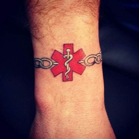 Love this permanent medic alert bracelet. #inked #Inkedmag #tattoo #medical #health: Medical Alert Tattoo Allergies, Emt Tattoos, Braclet Tattoo, Medical Tattoos, Medical Alert Tattoo, Cripple Punk, Ems Tattoos, Paramedic Quotes, Nurse Tattoo