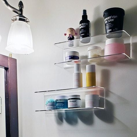 Wall Mounted Makeup Organizer, Shelf Spice Rack, Space Saving Shelves, Makeup Shelves, Bathroom Shelf Decor, Vanity Shelves, Small Bathroom Organization, Shelf Floating, Acrylic Shelf