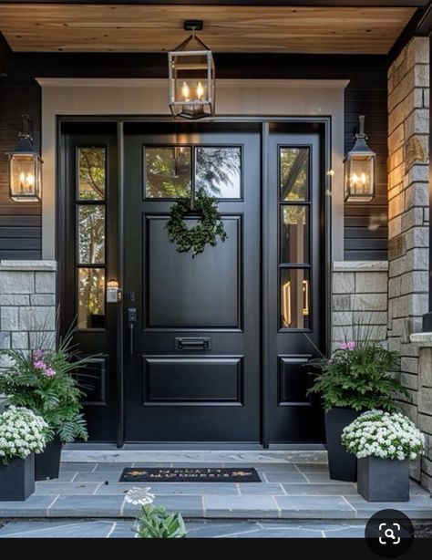 Wide Black Front Door, Thermatru Front Door, Door Front Design, Front Exterior Doors, Black Front Door, House Front Door Design, Black Front Doors, Exterior Front Doors, House Front Door