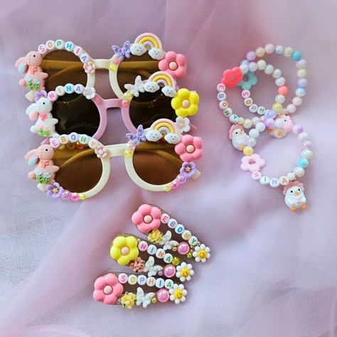 Cute Diy Sunglasses, Cute Spring Sunglasses As Gift, Cute Sunglasses For Spring Gift, Diy Flower Sunglasses, Sunglasses Preppy, Easter Bonet Kids, Kawaii Hair Accessories, Pop Star Party, Candy Gifts Diy