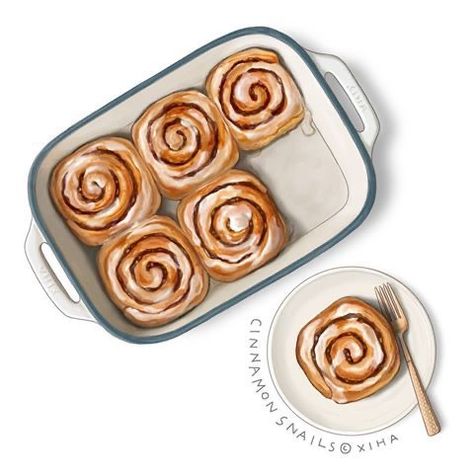 Food Drawing Illustration, Cinnamon Swirls, Watercolor Food Illustration, Baking Painting, Food Art Painting, Recipe Drawing, Baking Art, Food Artwork, Food Sketch