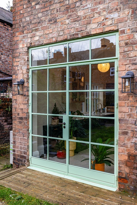 Crittall External Door Green Crittall Doors, Cottage Glass Doors, Crittal Doors To Garden, Crittal Doors External, Glass Door To Backyard, Bifold Door Kitchen, Bifold Kitchen Doors, White Crittal Doors, Glass Door Front Entry