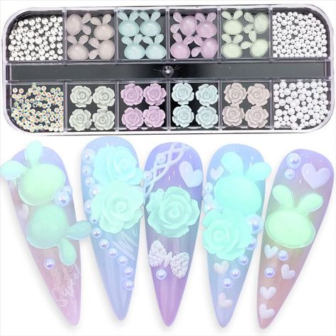 300 Pcs Easter Nail Art Charms Nail Glitter Decals Bunny Decoration 3D Nail Luminous Colorful Flower Rabbit Mixed Design Acrylic Nail Stud Salon Nail Accessories Supplies Women DIY Manicures Tips Flowers Nail Art, Luminous Nails, Nail Charm, Easter Nail, Bunny Nails, Easter Nail Art, Nail Art Charms, Studded Nails, Camellia Flower