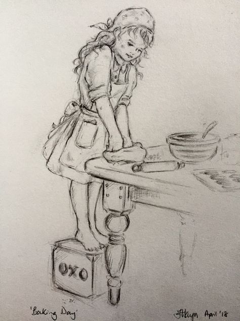 #Nini #doll #sketch ‘Baking Day’ #illustration #art #drawing by Jonathan Hayes April 2018 Baking Sketch Drawings, Baking Sketch, Doll Sketch, Baking Drawing, Day Illustration, Basic Sewing, Illustration Art Drawing, Cool Sketches, Guy Drawing