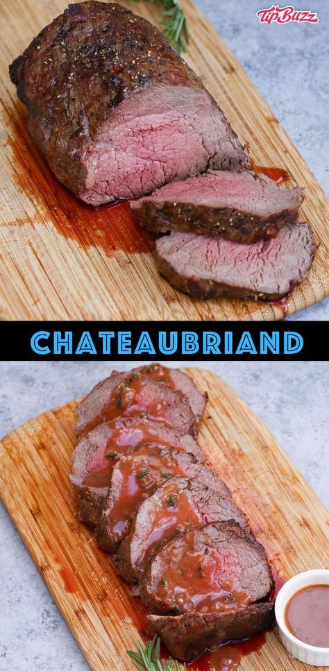 Chateaubriand is a thick center cut of beef tenderloin, sometimes called a chateaubriand steak or filet mignon roast. This traditional French dish is perfect for two served with potatoes and a homemade sauce! Filet Mignonette Roast, How To Cook Chateaubriand, Sauce For Beef Tenderloin Filet Mignon, French Roast Beef Recipes, Meat Main Course, Filet Mignon Roast In The Oven, Chateau Briand Recipe, Chateaubriand Recipe, Beef Tenderloin Roast Recipes