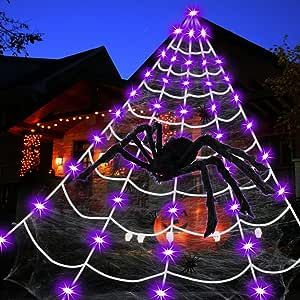 Amazon.com : Flyowl Spider Web Halloween Decorations Outdoor Lights, 125 Purple LED Light Up 16.4Ft Giant Spiderweb & 60" Large Spider & 10 Small Spiders & 20g Stretch Cobweb,8 Modes Lighted Decor for Yard Outside : Patio, Lawn & Garden Purple Led Light, Spider Web Halloween Decorations, Halloween Lighting Outdoor, Orange Led Lights, Purple Led Lights, Scary Halloween Decorations Outdoor, Halloween Spider Decorations, Halloween Outside, Spider Decorations