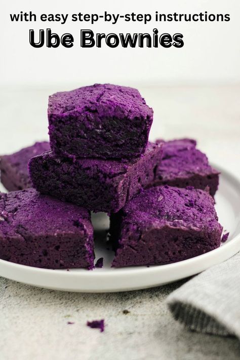 Ube brownies often boast a moist and chewy texture, providing a satisfying bite that combines the softness of the ube with the denseness of a well-baked brownie. The result is a delightful contrast in textures that enhances the overall eating experience. Ube Brownies, Ube Cheesecake Recipe, Ube Dessert Recipe, Ube Halaya, Ube Recipes, Filipino Food Dessert, Xmas Desserts, Deserts Easy, Sweet Potato Brownies